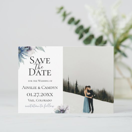 Blauwe Distel Anemoon Foto Save The Date Aankondiging (Staand voorkant)