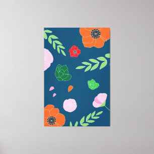 Blauwe diverse bloemen Modern Illustratie Floral Canvas Afdruk