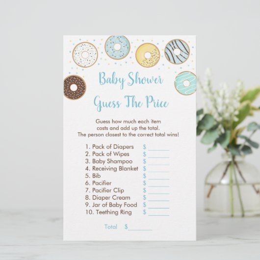 Blauwe Donut raadt het prijsspel Baby shower (Staand voorkant)
