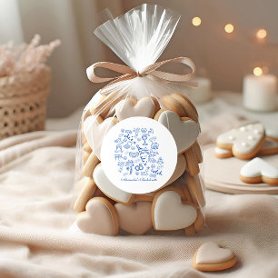 Blauwe Doodle Tropisch Bruidsfeest Viering Ronde Sticker