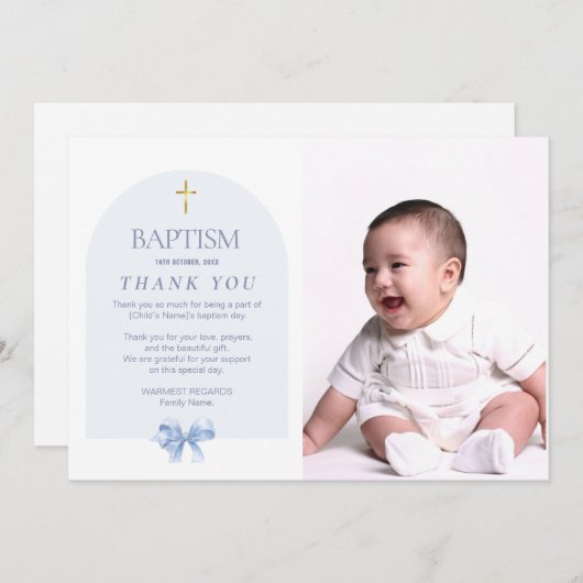 Blauwe doop Dankkaart voor Jongen met Foto Kaart (Voorkant / Achterkant)