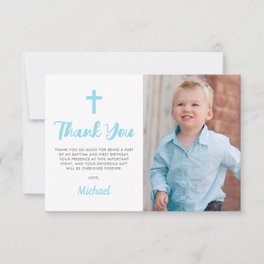 Blauwe doop doop religieuze jongen foto bedankkaart (Voorkant)