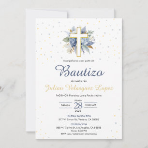 Blauwe Doop Jongens Kruis Bloemen Spaanse Bautizo Kaart