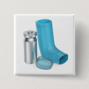 Blauwe draagbare astma-inhalator vierkante button 5,1 cm