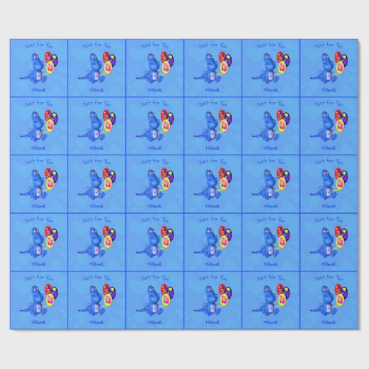 Blauwe draak en ballonnen gepersonaliseerd op zate cadeaupapier (Vlak)