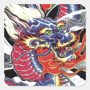 Blauwe draak Japans tattoo Vierkante Sticker