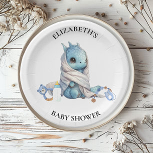 Blauwe Draak Waterverf Baby Shower Papieren Bordje