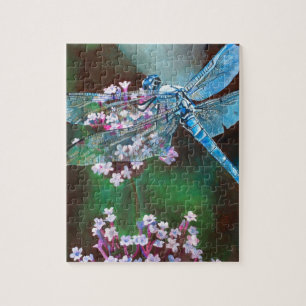 Blauwe dragonfly die op wilde knoflook rust legpuzzel
