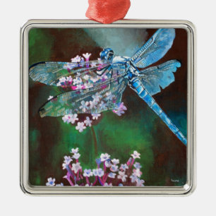 Blauwe dragonfly die op wilde knoflook rust metalen ornament
