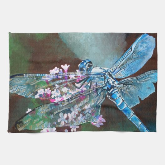 Blauwe dragonfly die op wilde knoflook rust theedoek (Horizontaal)