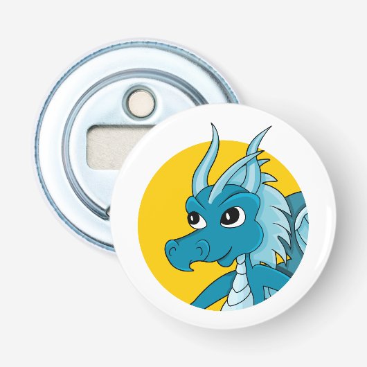 Blauwe drakencartoon button flesopener (Voorkant)