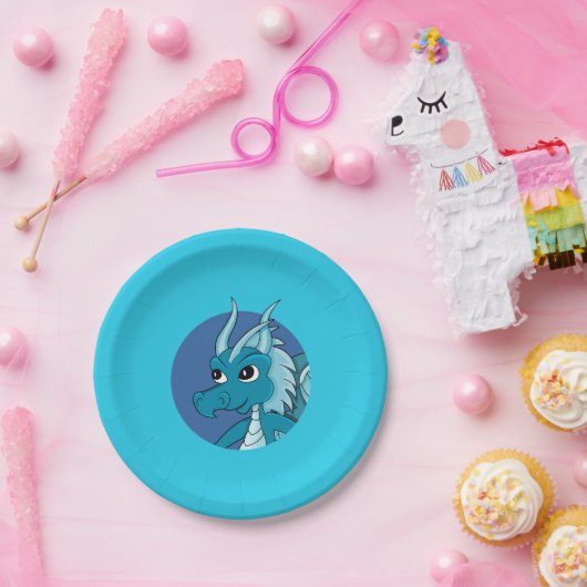 Blauwe drakencartoon papieren bordje (Feest)