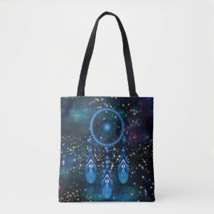 Blauwe drocatcher Celestial Gold Stars Tote Bag