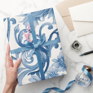 Blauwe Dromen   Bloemige Aquarel Chinoiserie Wit Cadeaupapier