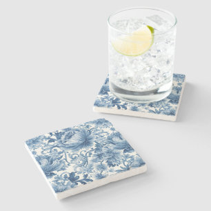 Blauwe Dromen Bloemige Aquarel Chinoiserie Wit Stenen Onderzetter