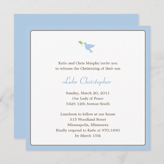 Blauwe Duif Doop/Doop Uitnodiging (Voorkant / Achterkant)