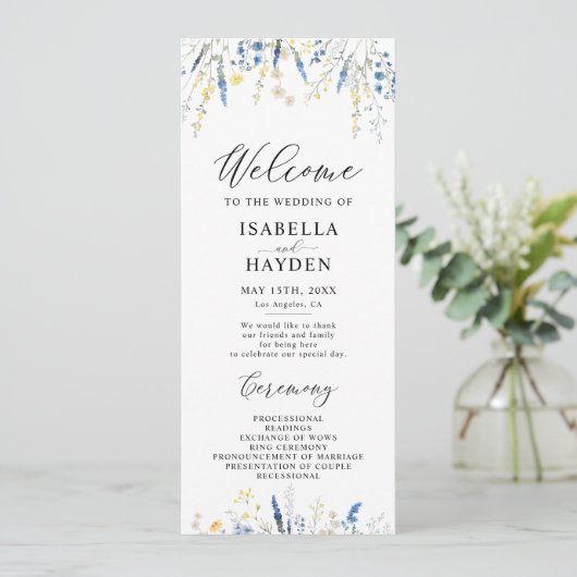 Blauwe Dusty Dainty Wild Floral Wedding Flat Progr Programma (Staand voorkant)