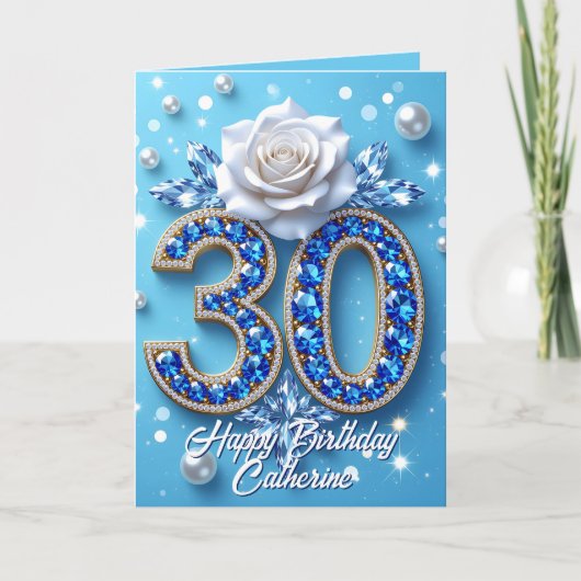 Blauwe edelstenen en parels Witte Roos 30e verjaar Kaart (Voorkant)