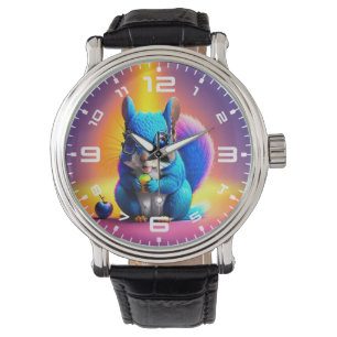 Blauwe eekhoorn eet fruit horloge