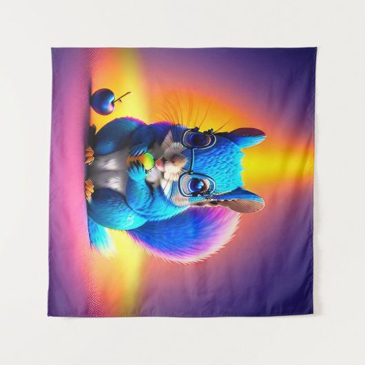 Blauwe eekhoorn eet fruit wandkleed (Voorkant (horizontaal))