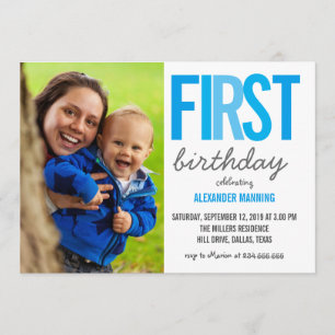 Blauwe eerste verjaardag typografie Polka Dots Fot Kaart