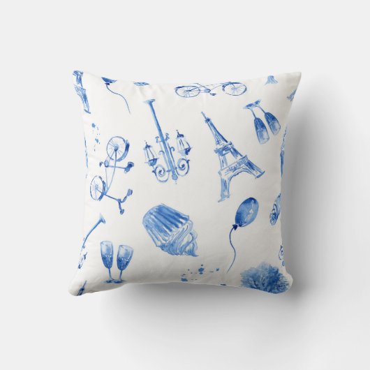 Blauwe Eiffeltoren Paris Waterverf Kunst Kussen (Achterkant)