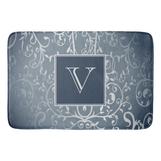 Blauwe Elegante Bloei Monogram Badmat (Voorkant)