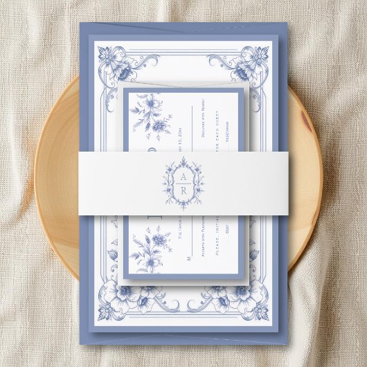 Blauwe elegante bloemenkam monogram bruiloft uitnodigingen wikkel