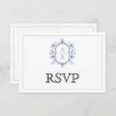 Blauwe elegante bloemenkam monogram QR code bruilo RSVP Kaartje (Voorkant / Achterkant)