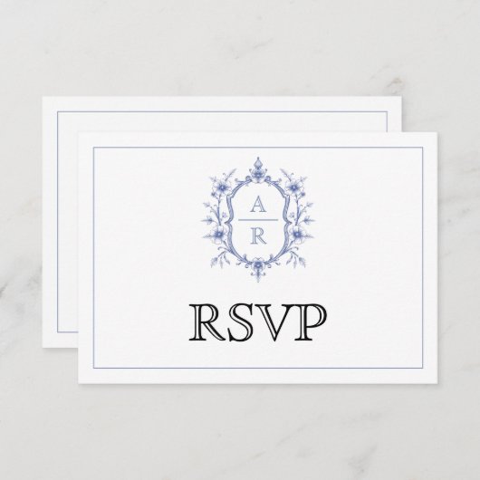 Blauwe elegante bloemenkam monogram QR code bruilo RSVP Kaartje (Voorkant / Achterkant)