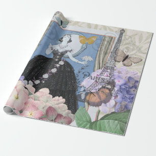 Blauwe elegante vrouw bloemrijke fancy jurk cadeaupapier