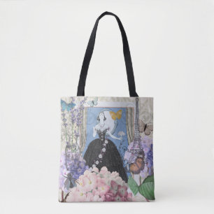 Blauwe elegante vrouw bloemrijke fancy jurk draagtas