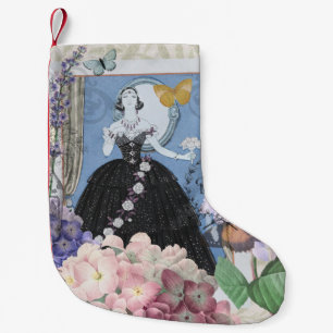 Blauwe elegante vrouw bloemrijke fancy jurk kleine kerstsok