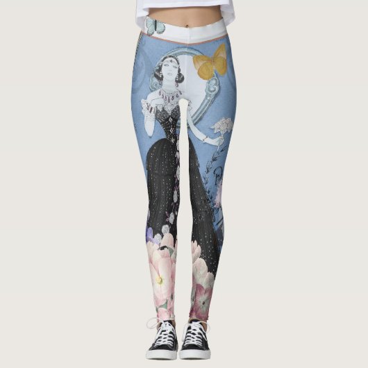 Blauwe elegante vrouw bloemrijke fancy jurk leggings (Voorkant)
