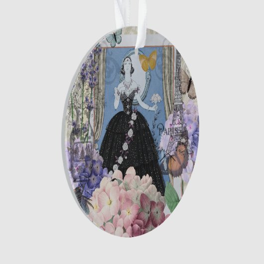 Blauwe elegante vrouw bloemrijke fancy jurk ornament (voorkant)