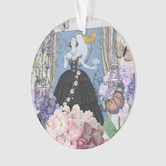 Blauwe elegante vrouw bloemrijke fancy jurk ornament (voorkant)