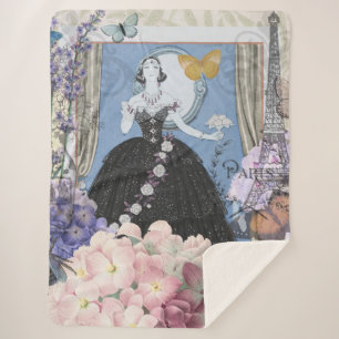 Blauwe elegante vrouw bloemrijke fancy jurk sherpa deken