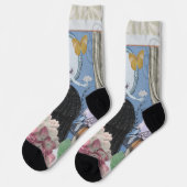 Blauwe elegante vrouw bloemrijke fancy jurk sokken (Links)