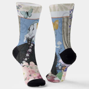 Blauwe elegante vrouw bloemrijke fancy jurk  sokken