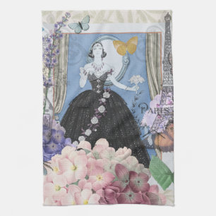Blauwe elegante vrouw bloemrijke fancy jurk theedoek