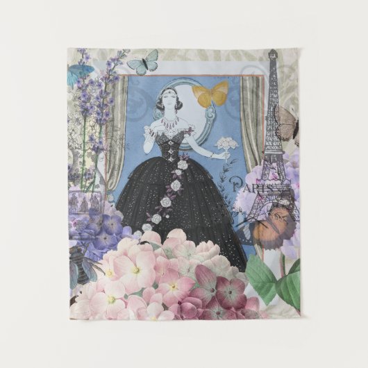 Blauwe elegante vrouw bloemrijke fancy jurk wandkleed (Voorkant)