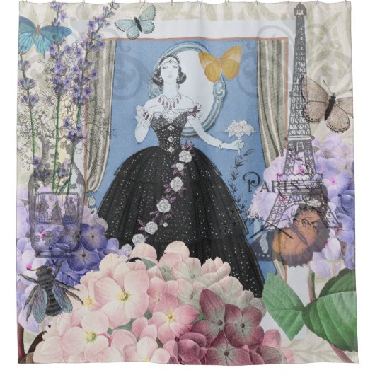 Blauwe Elegante Vrouw Bloemrijke Fantasie Jurk Douchegordijn (Voorkant)