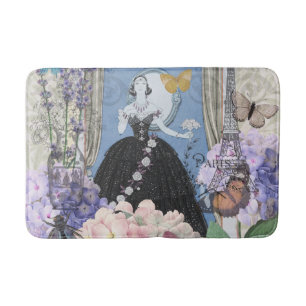 Blauwe Elegante Vrouw Bloemrijke Jurk Chic Badmat