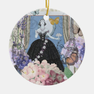 Blauwe Elegante Vrouw Bloemrijke Jurk Chic Keramisch Ornament