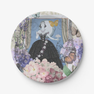 Blauwe Elegante Vrouw Bloemrijke Jurk Chic Papieren Bordje