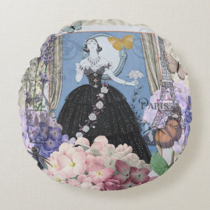 Blauwe Elegante Vrouw Bloemrijke Jurk Chic Rond Kussen