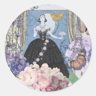 Blauwe Elegante Vrouw Bloemrijke Jurk Chic Ronde Sticker
