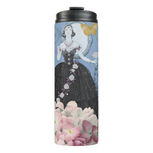 Blauwe Elegante Vrouw Bloemrijke Jurk Chic Thermosbeker