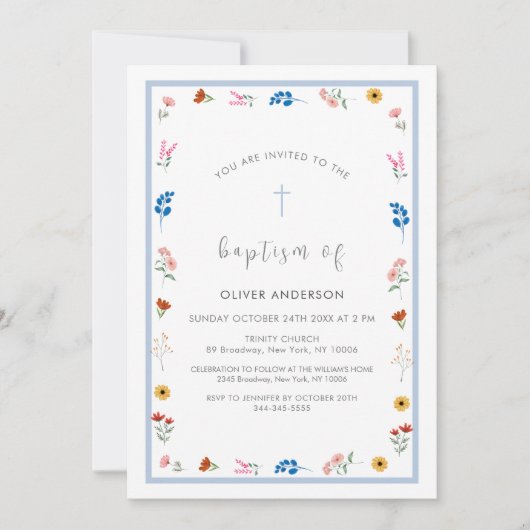 Blauwe Elegante Wilde Bloem Jongen Doop Doopfeest Kaart (Voorkant)