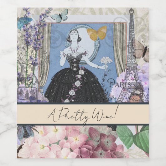 Blauwe Ellegante Vrouw Bloemrijke Fantasie Jurk Wijn Etiket (Enkel label)